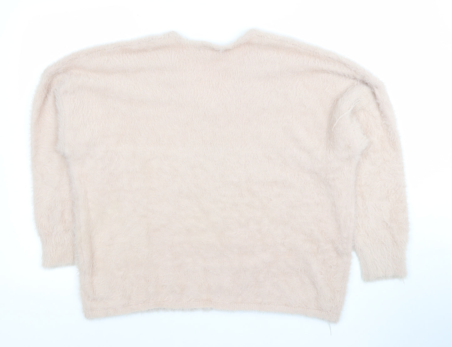 Stradivarius Women’s Beige V-Neck Fluffy Knit Jumper Size 12