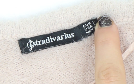 Stradivarius Women’s Beige V-Neck Fluffy Knit Jumper Size 12