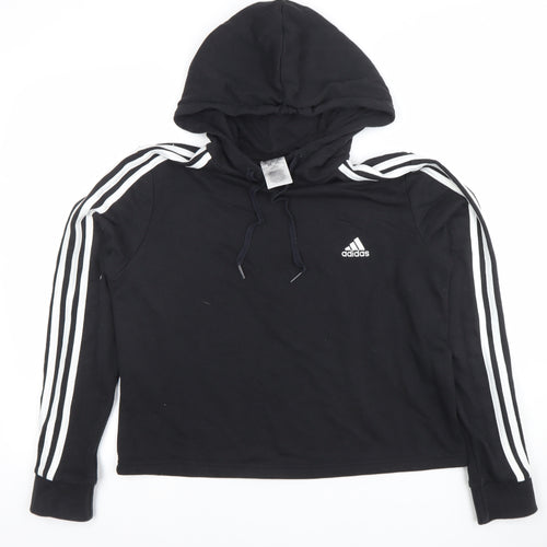 Adidas Womens Black Pullover Hoodie UK 12 Cotton Blend 3-Stripes Design