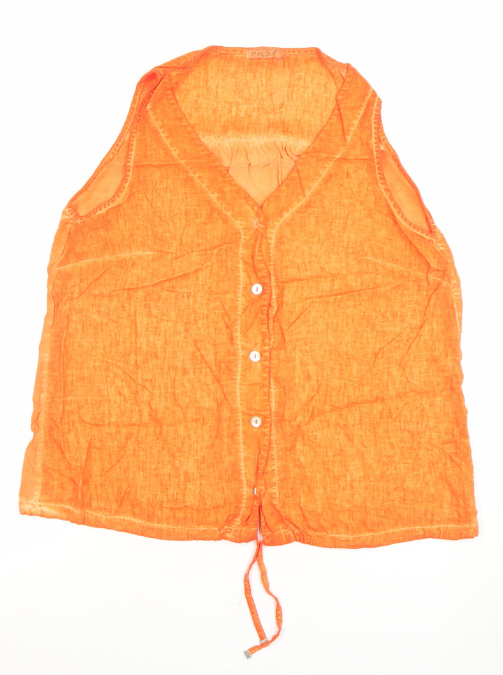 Maloka Women’s Orange Linen Cotton Sleeveless Tunic Blouse L