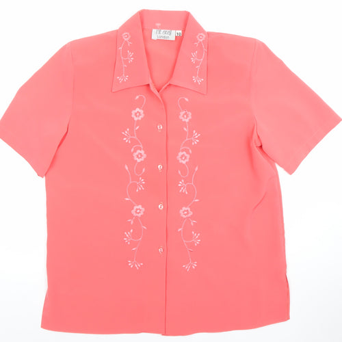 Evie Arch London Women's Pink Embroidered Short Sleeve Button-Up Blouse Size 10