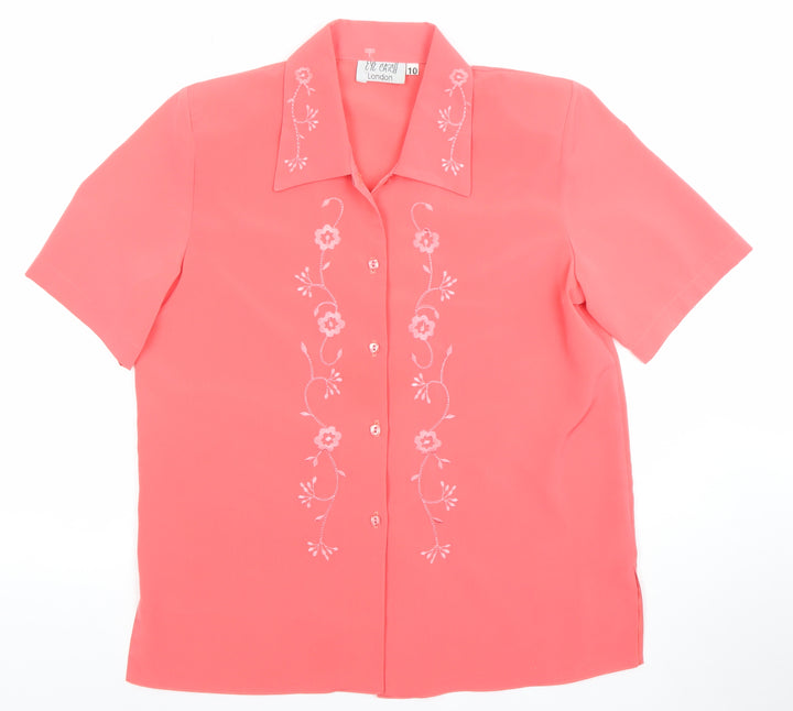 Evie Arch London Women's Pink Embroidered Short Sleeve Button-Up Blouse Size 10