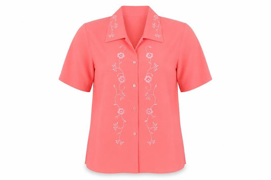 Front view of Evie Arch London Women's Pink Embroidered Short Sleeve Button-Up Blouse, size 10