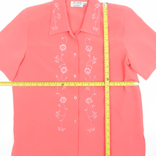 Evie Arch London Women's Pink Embroidered Short Sleeve Button-Up Blouse Size 10