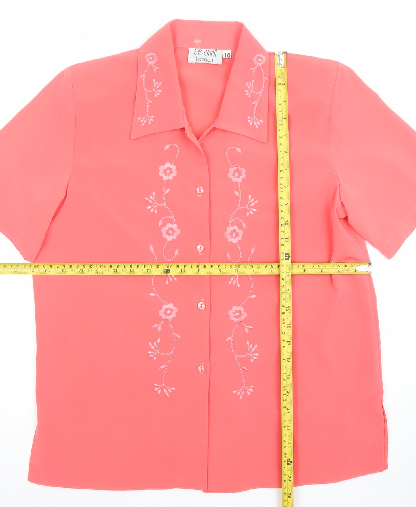 Evie Arch London Women's Pink Embroidered Short Sleeve Button-Up Blouse Size 10
