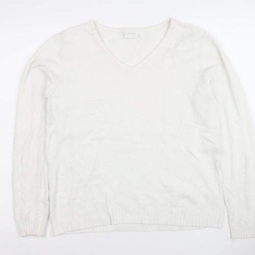 Vila Women White V-Neck Knit Jumper L Long Sleeve Pullover