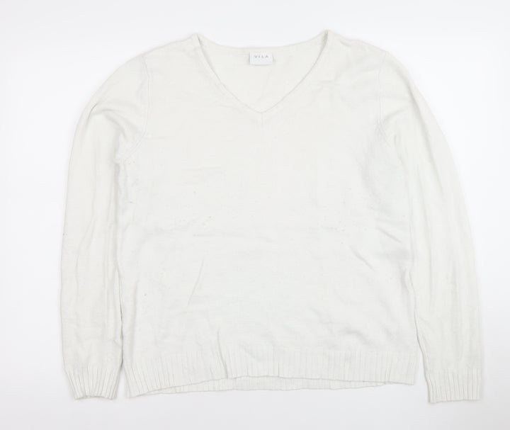 Vila Women White V-Neck Knit Jumper L Long Sleeve Pullover