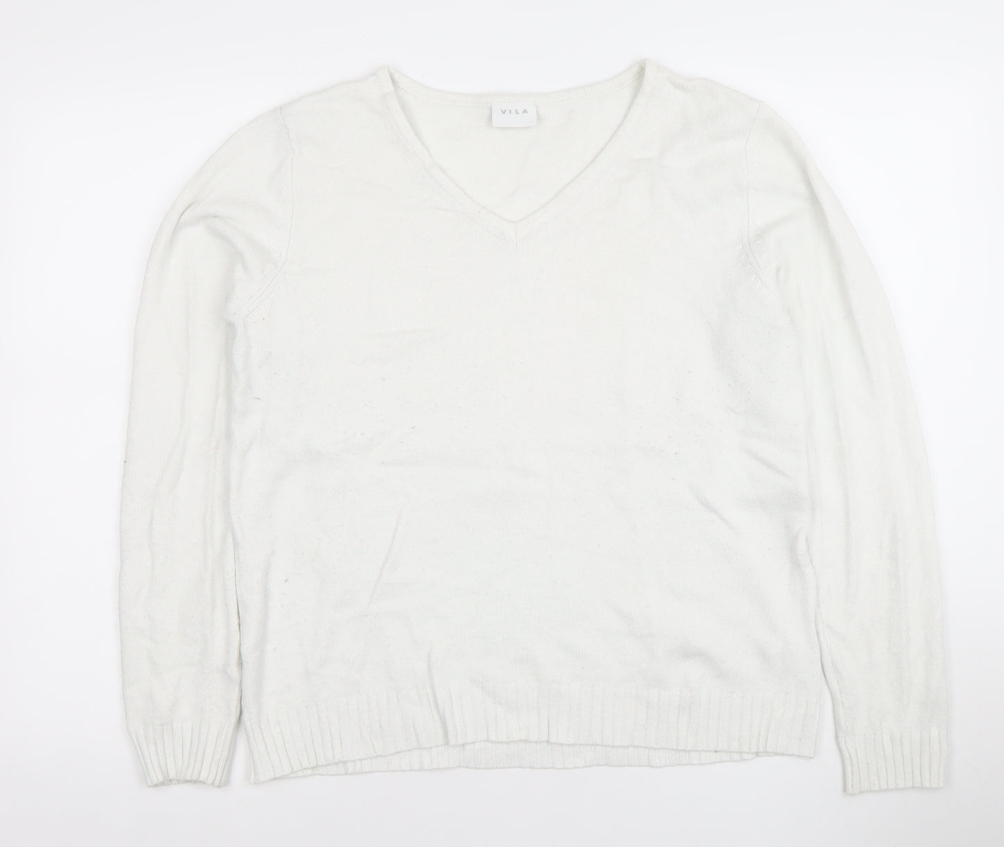 Vila Women White V-Neck Knit Jumper L Long Sleeve Pullover