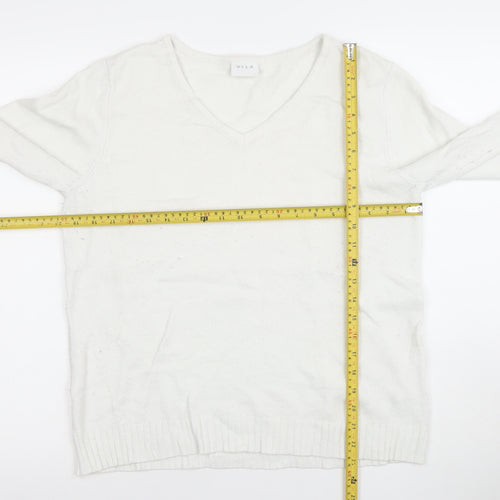 Vila Women White V-Neck Knit Jumper L Long Sleeve Pullover