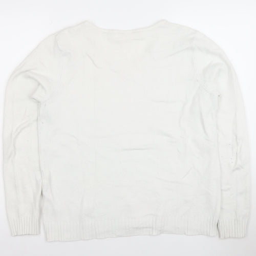 Vila Women White V-Neck Knit Jumper L Long Sleeve Pullover