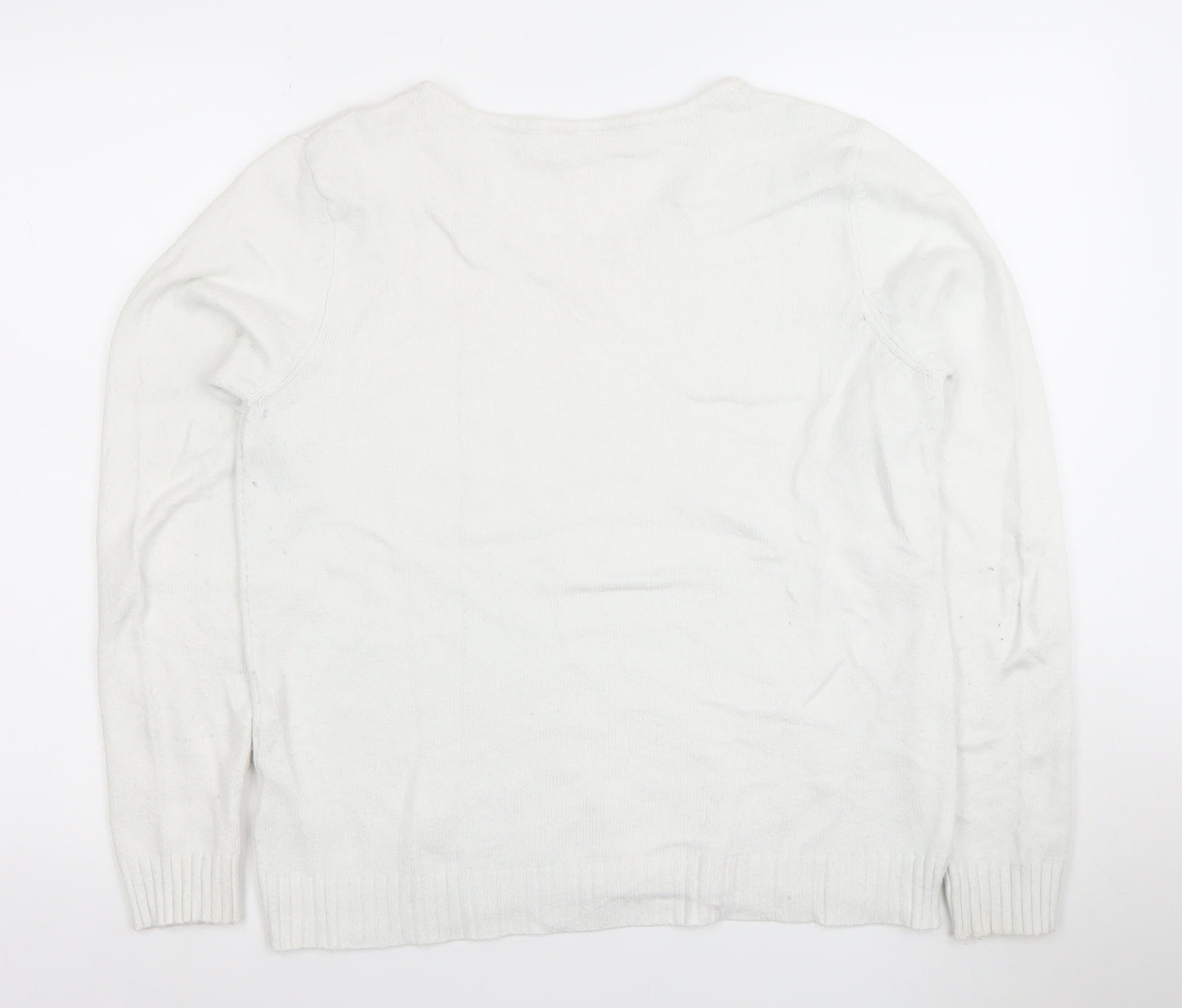 Vila Women White V-Neck Knit Jumper L Long Sleeve Pullover