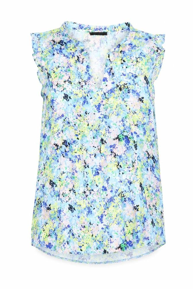 Front view of Wallis women’s multicoloured floral ruffle sleeveless tunic blouse, size UK 12