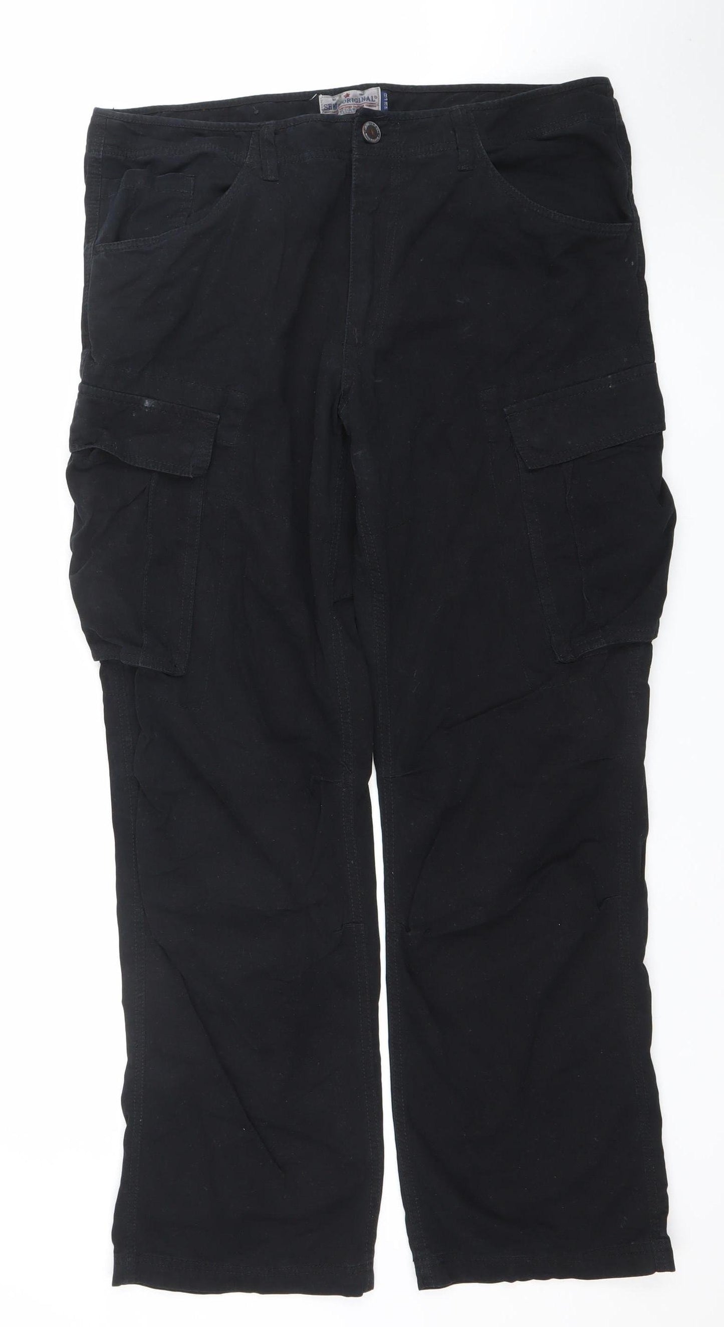 Shine Original Men's Black Cargo Trousers W36 L32 Regular Fit Cotton