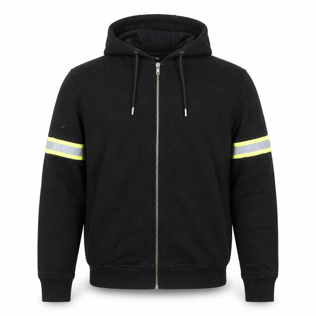 Front view of Paul Galvin men’s black full zip reflective hoodie, size M