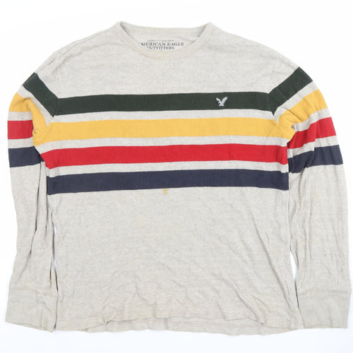 American Eagle Men’s Beige Striped Waffle Knit Cotton Jumper L