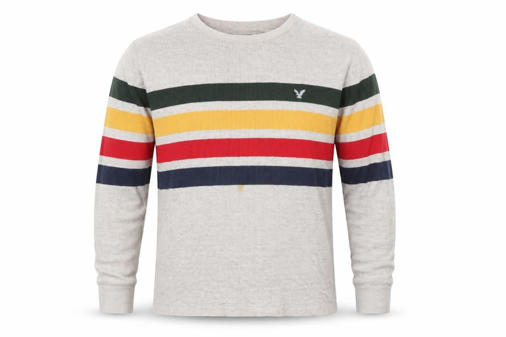 Front view of American Eagle Men’s Beige Striped Waffle Knit Cotton Jumper L