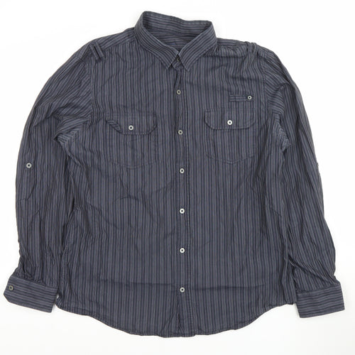 River Island Men's Blue Striped Button-Up Shirt XL Long Sleeve