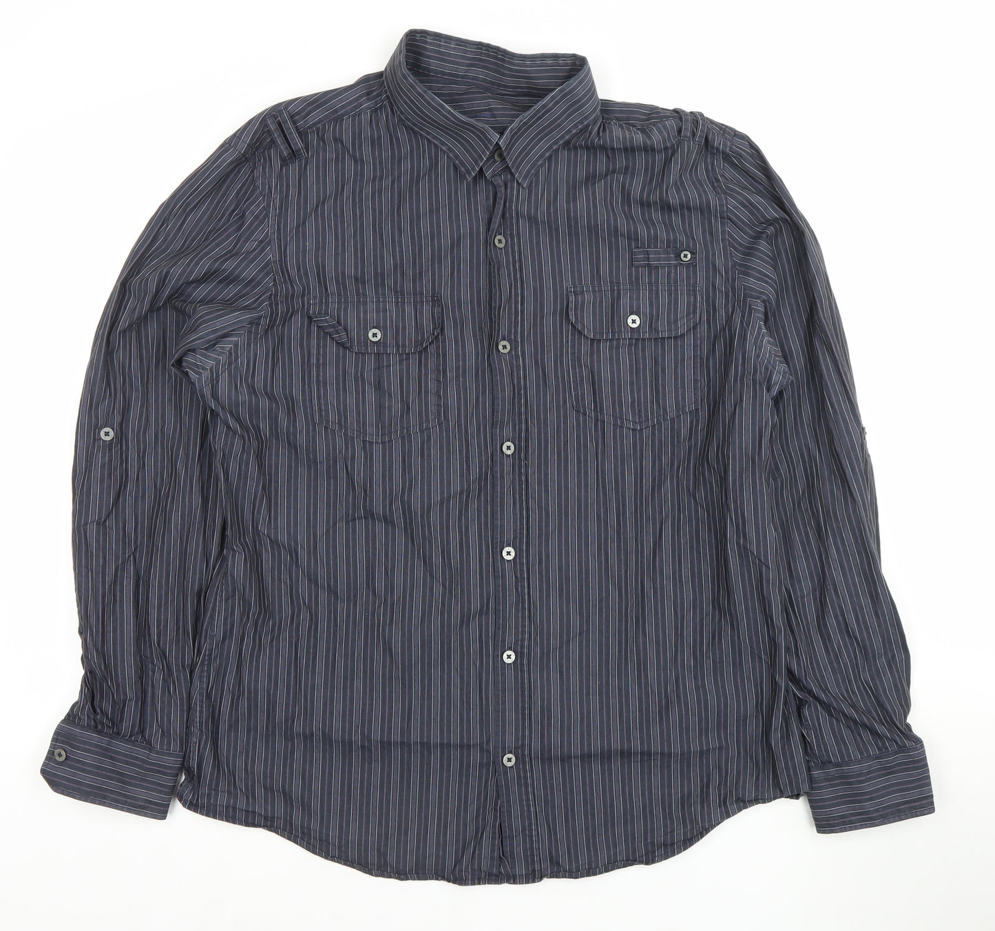 River Island Men's Blue Striped Button-Up Shirt XL Long Sleeve