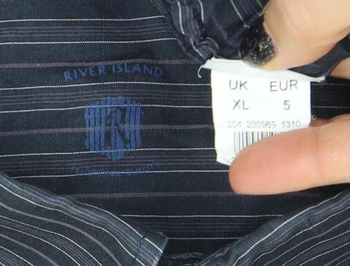 River Island Men's Blue Striped Button-Up Shirt XL Long Sleeve