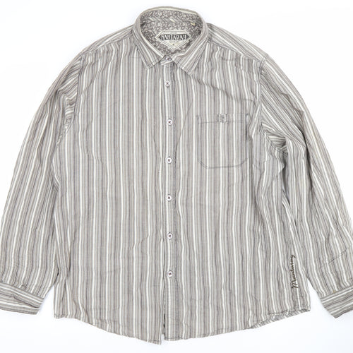 Mantaray Women Grey Striped Long Sleeve Button-Up Cotton Shirt Size L