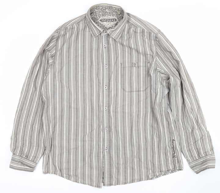 Mantaray Women Grey Striped Long Sleeve Button-Up Cotton Shirt Size L