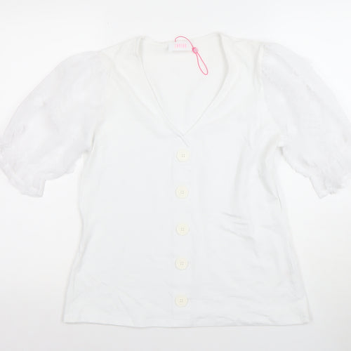 Sandro Womens White Puff Sleeve Button Blouse Size 12 V-Neck Classic Tunic