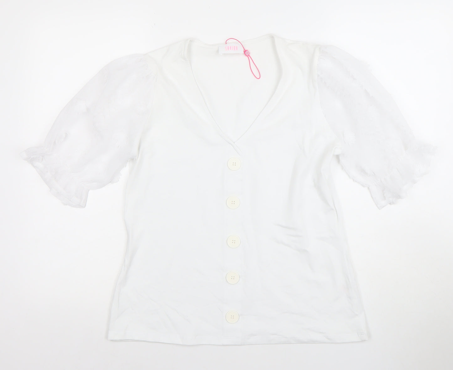 Sandro Womens White Puff Sleeve Button Blouse Size 12 V-Neck Classic Tunic