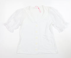 Sandro Womens White Puff Sleeve Button Blouse Size 12 V-Neck Classic Tunic