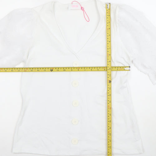 Sandro Womens White Puff Sleeve Button Blouse Size 12 V-Neck Classic Tunic
