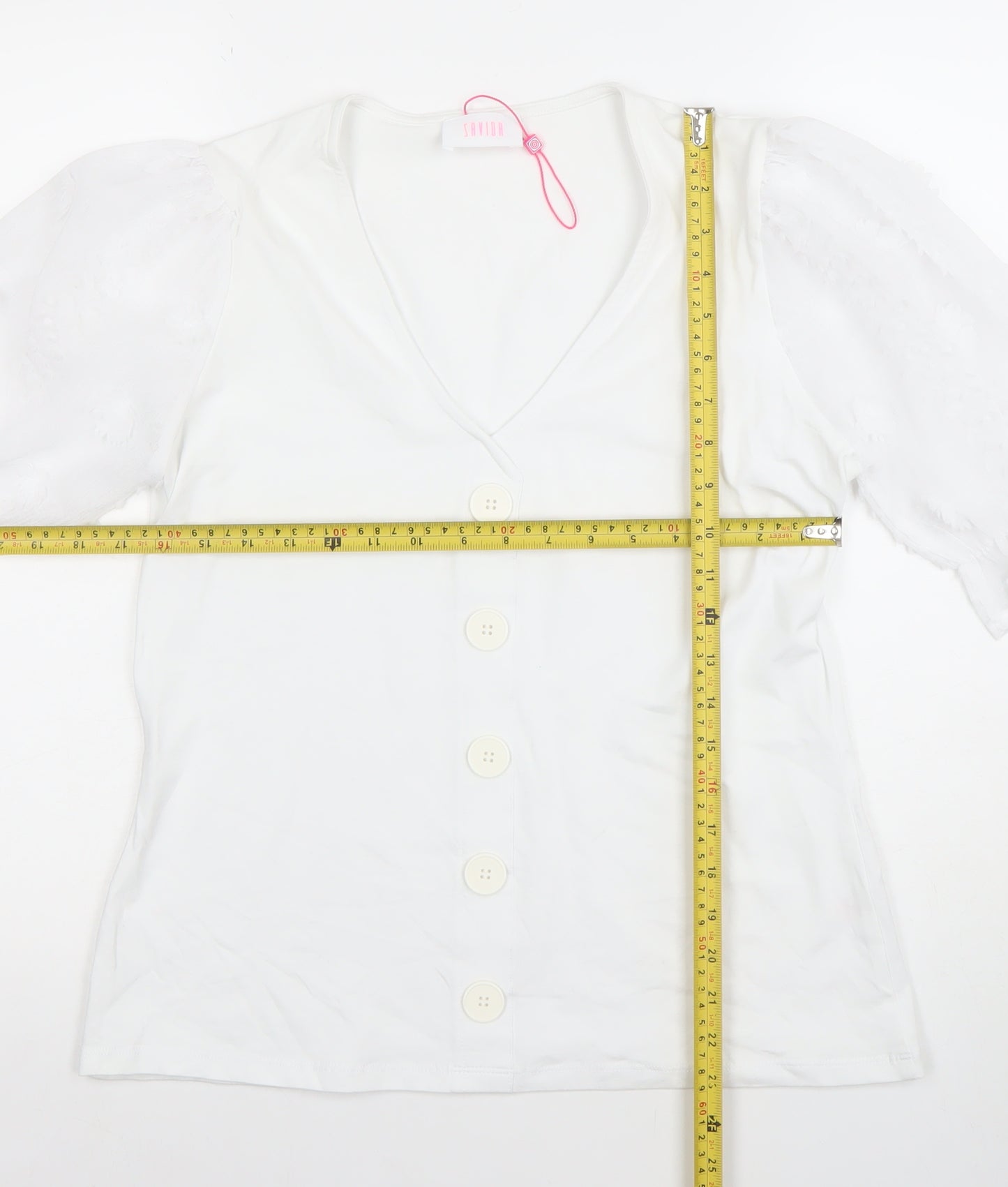 Sandro Womens White Puff Sleeve Button Blouse Size 12 V-Neck Classic Tunic