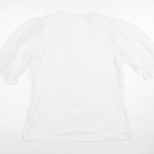 Sandro Womens White Puff Sleeve Button Blouse Size 12 V-Neck Classic Tunic