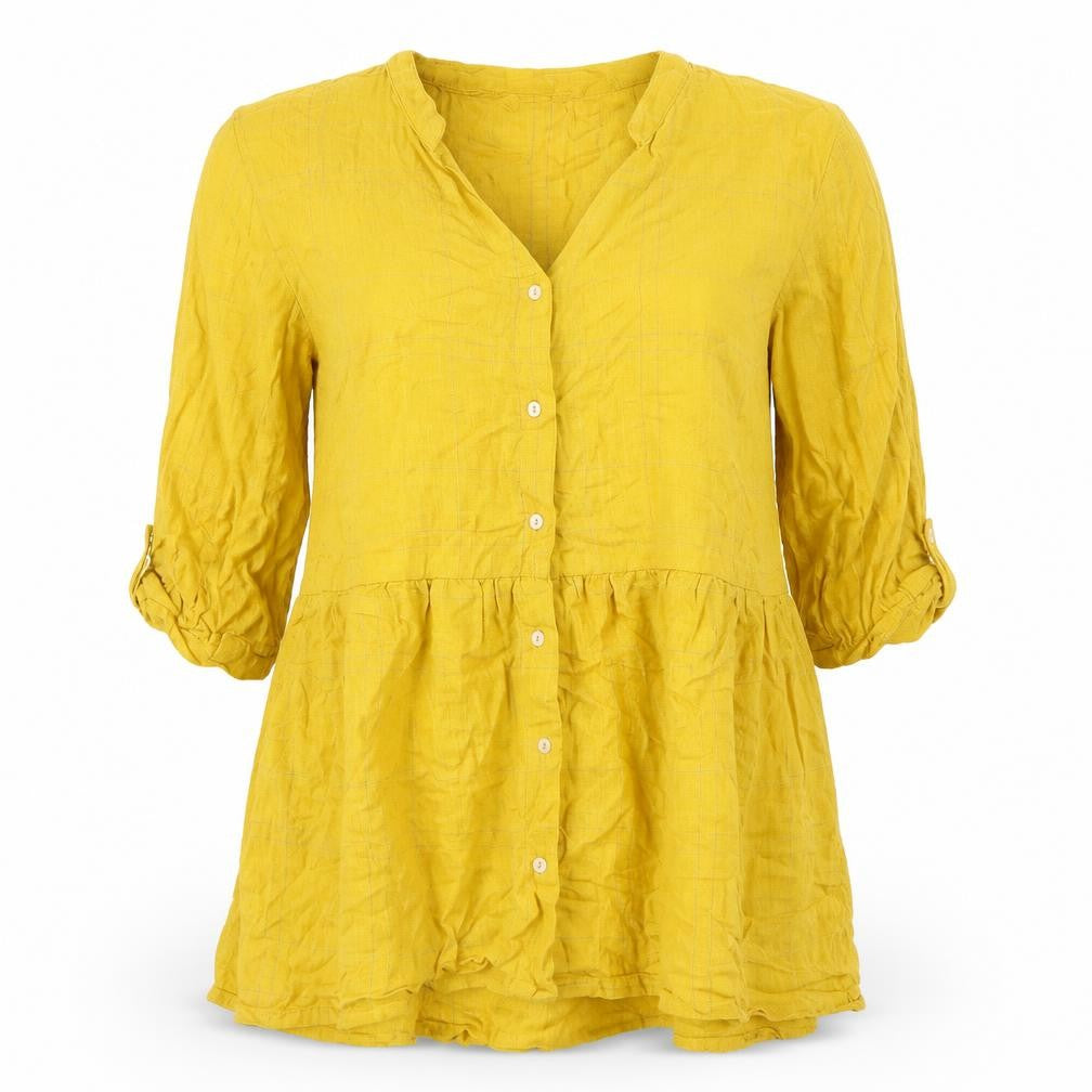 Front view of Breakout Women's Yellow Cotton 3/4 Sleeve Tunic Button-Up Top -, size S