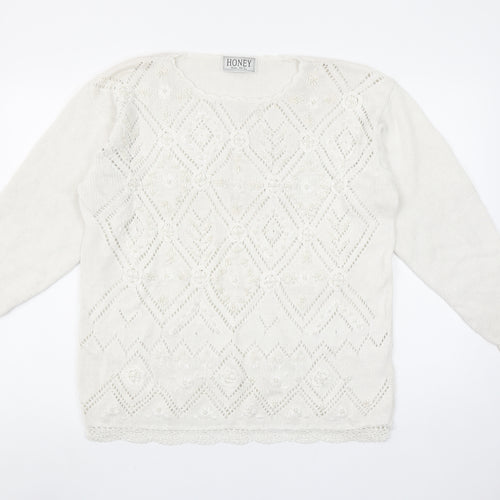 HONEY Women’s Ivory Open-Knit Beaded Pullover Jumper Size M