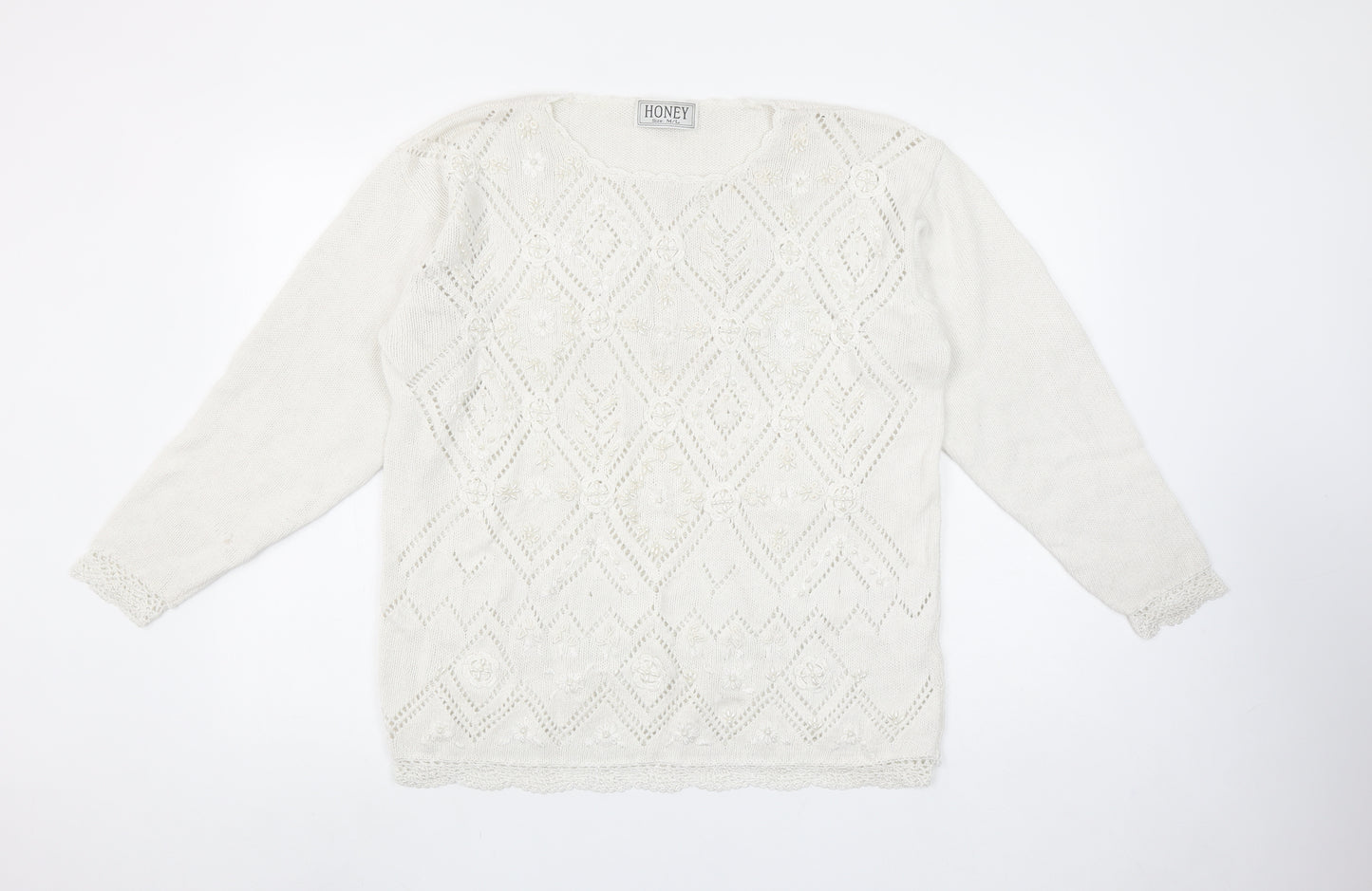 HONEY Women’s Ivory Open-Knit Beaded Pullover Jumper Size M