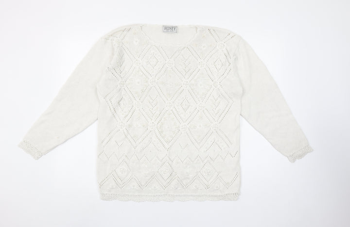 HONEY Women’s Ivory Open-Knit Beaded Pullover Jumper Size M