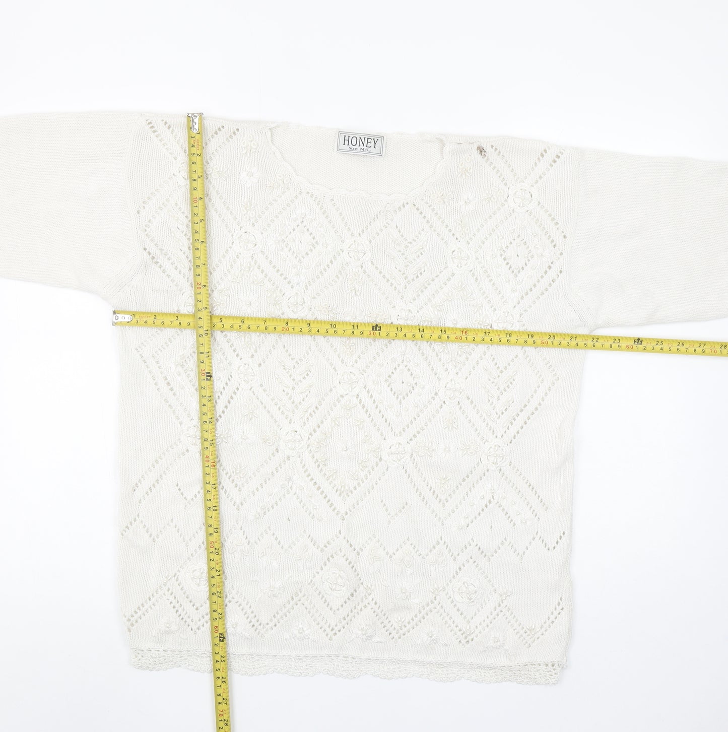 HONEY Women’s Ivory Open-Knit Beaded Pullover Jumper Size M