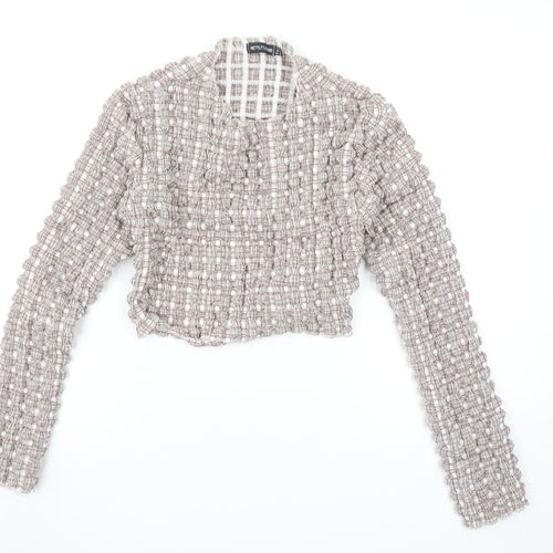 PrettyLittleThing Women’s Beige Check Cropped Ruffle Blouse Size 12