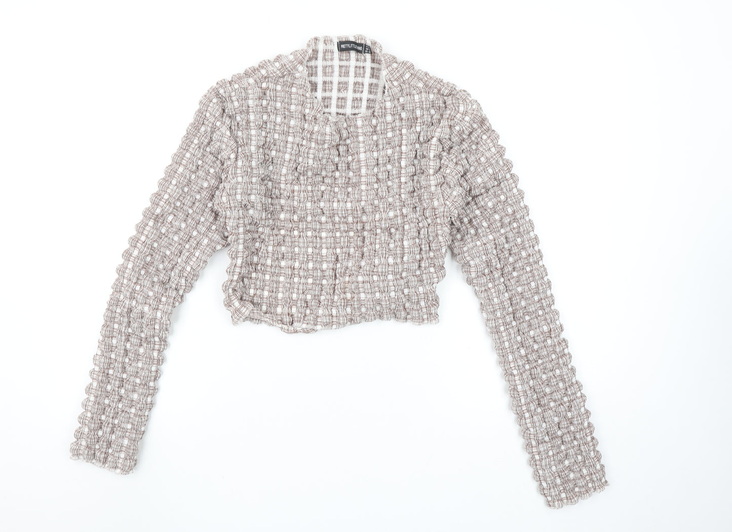 PrettyLittleThing Women’s Beige Check Cropped Ruffle Blouse Size 12