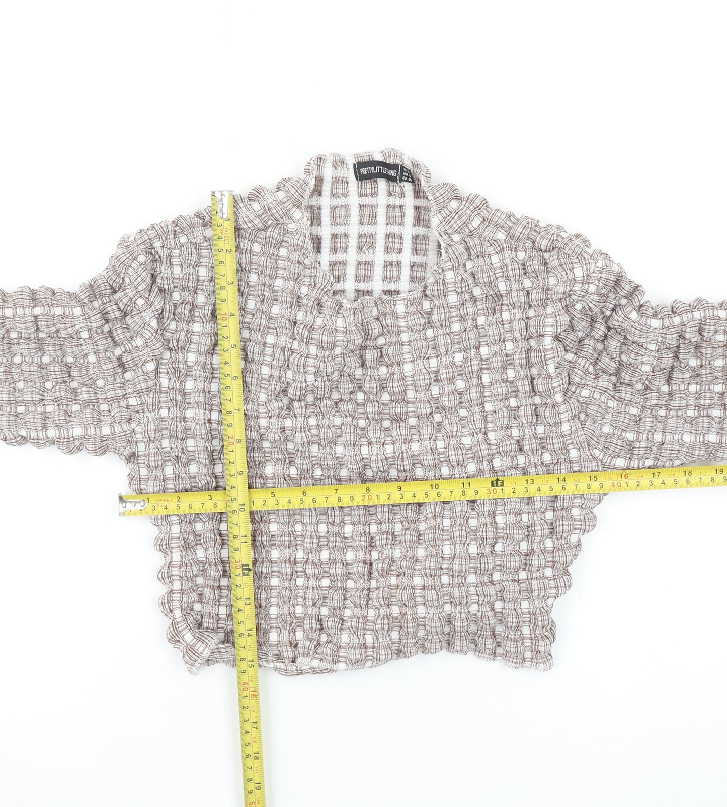 PrettyLittleThing Women’s Beige Check Cropped Ruffle Blouse Size 12