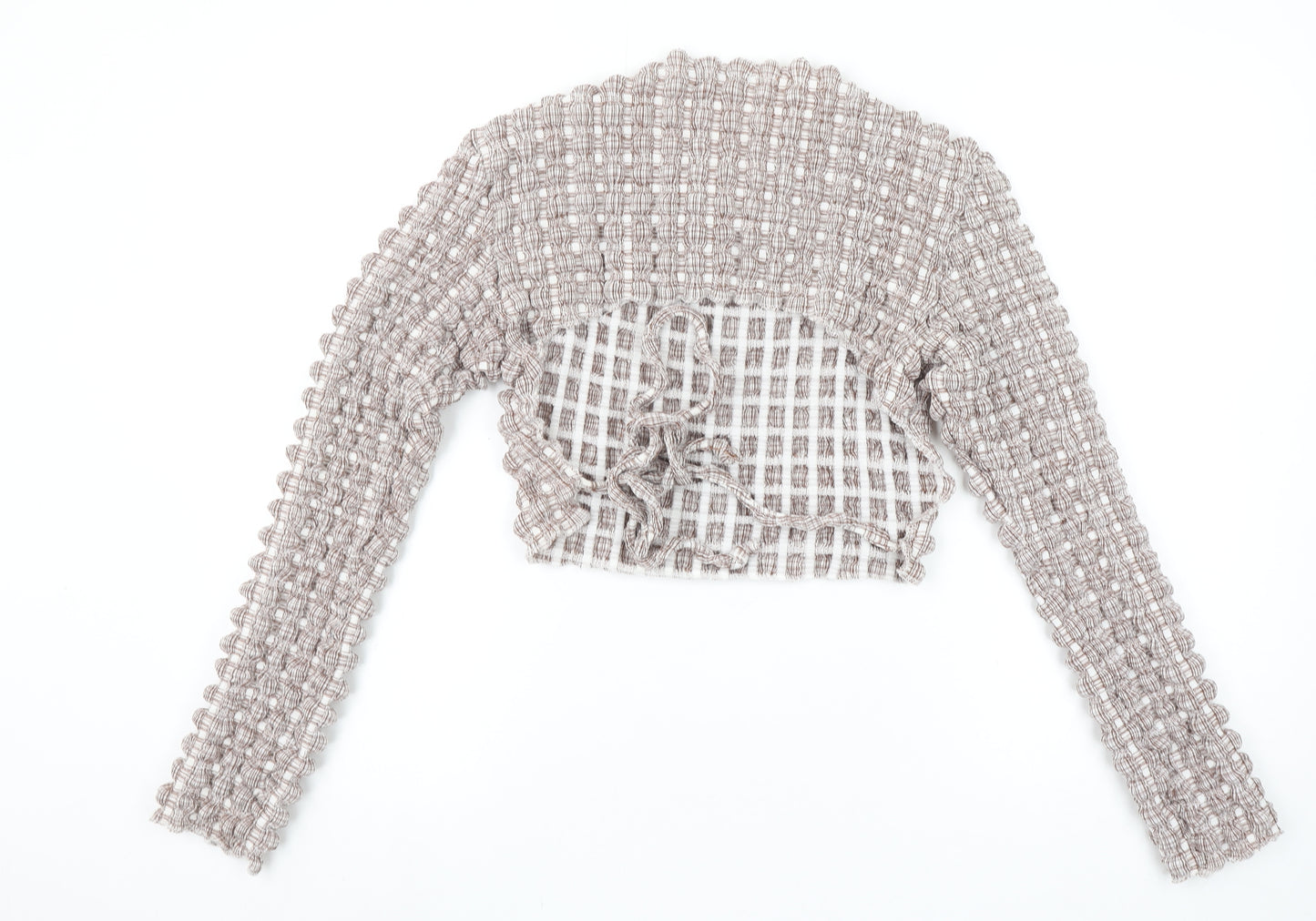 PrettyLittleThing Women’s Beige Check Cropped Ruffle Blouse Size 12