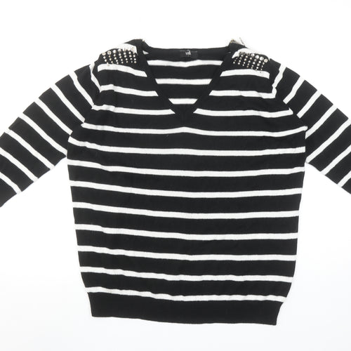 Wallis Women Black White Striped V-Neck Jumper Size M Stud Detail