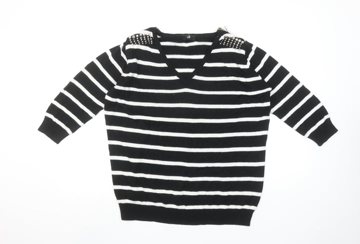 Wallis Women Black White Striped V-Neck Jumper Size M Stud Detail