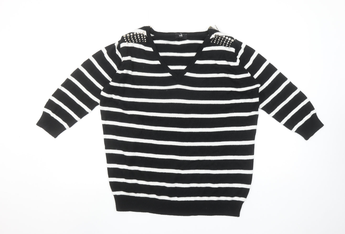 Wallis Women Black White Striped V-Neck Jumper Size M Stud Detail