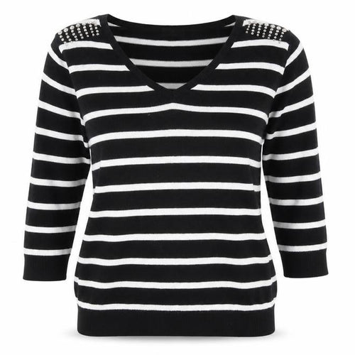 Wallis Women Black White Striped V-Neck Jumper Size M Stud Detail