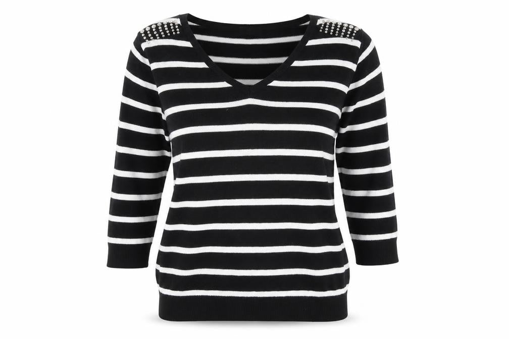 Wallis Women Black White Striped V-Neck Jumper Size M Stud Detail