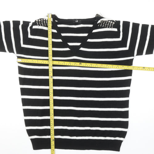 Wallis Women Black White Striped V-Neck Jumper Size M Stud Detail