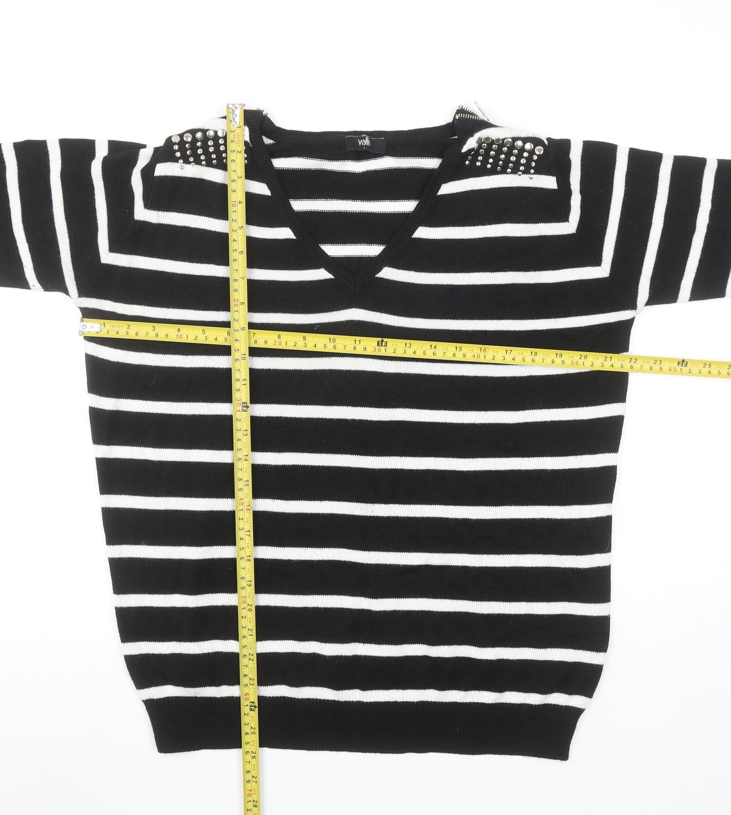 Wallis Women Black White Striped V-Neck Jumper Size M Stud Detail