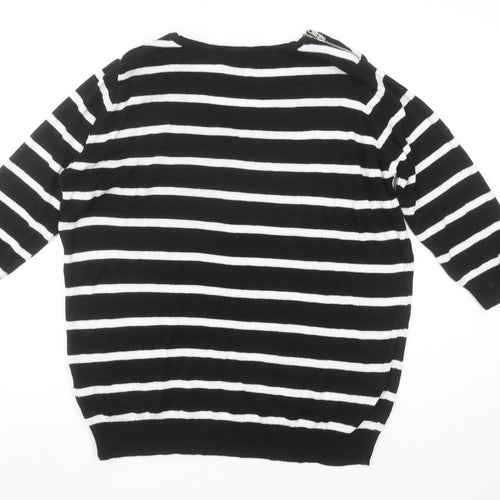 Wallis Women Black White Striped V-Neck Jumper Size M Stud Detail