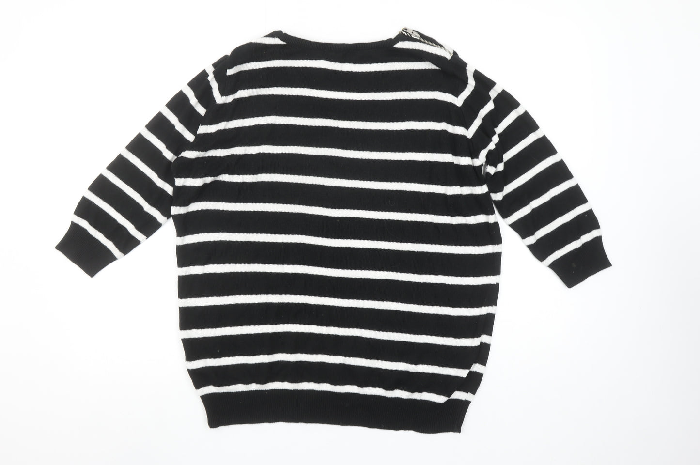 Wallis Women Black White Striped V-Neck Jumper Size M Stud Detail