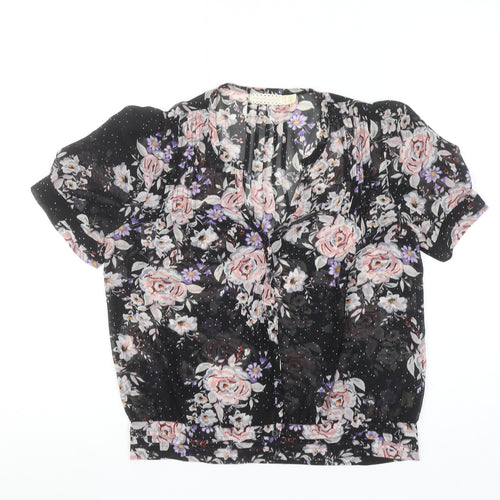 Pins and Needles Womens Black Floral Sheer Short Sleeve Blouse XS